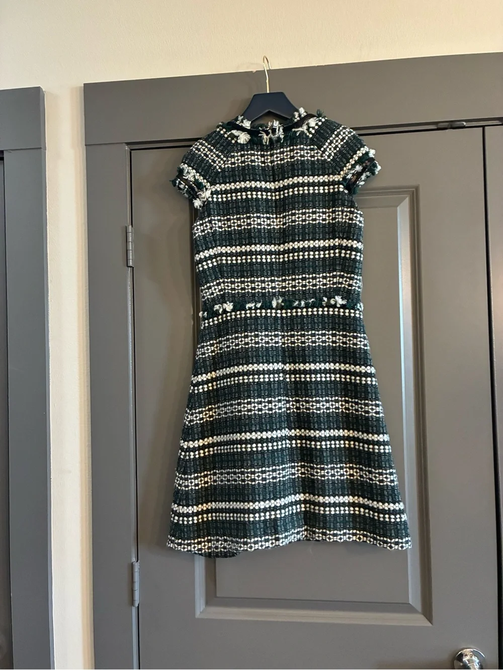 Tory Burch Green and White Tweed Fringe Dress With Sequins at Neck and Arms - Picture 4 of 7